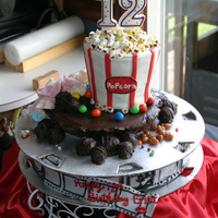 Erica's Popcorn Cake! For my daughters 12th Birthday, she was having a movie theme. I made the bottom cake (white with raspberries) to look like a movie reel,...