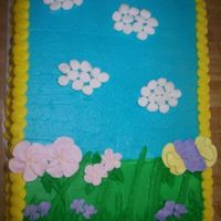 It's Spring Grass and main background is in buttercream. Flowers were royal icing. Clouds are marshmallows that I cut in half. Just a spur of the...