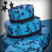 Quinceanera Cakes 2 parts sky blue and 1 part royal blue buttercream with Duffs Black Fondant Star Accents. I cheated on the piping design and added black to...