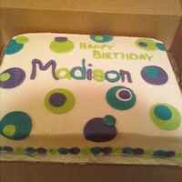 Fondant Circles Choc. cake. BC icing, Fondant circles and name.