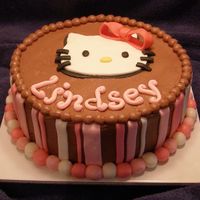 Hello Kitty This cake is iced in chocolate BC with MMF stripes, picture, name, and border. This was a lot of fun to create. Thanks for looking.