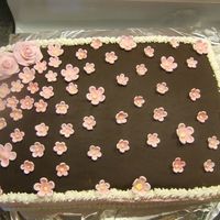Cherry Blossoms Half chocolate half white cake, with buttercream on sides and filled. Top covered with dark chocolate modeling chocolate with gum paste...
