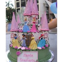 Castle Fit For The 5 Disney Princesses. 2 1/2 tier chocolate cake with cookies n cream filling. Whole cake is edible including the 7 towers. Sugar plaque made with gumpaste and...