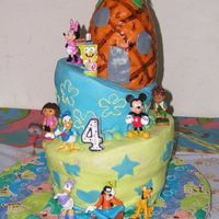 Austin's Spongebob/dora/diego/mickeymouseclubhouse Cake Topsy Turvy Spongebob/Dora/Diego/MickeyMouseClubHouse Cake.The bottom is chocolate (WASC) , the middle was rainbow colored (WASC), the top...