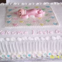Baby Shower Cake For A Friend's Niece Strawberry cake filled with strawberry jam. Decorated with buttercream icing. Baby and baby blanket are fondant.