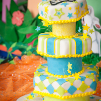 Doki Birthday this was a topsy turvy for a little boy's firts bday.it was vanilla filled with dulce de leche. covered in fondand with fondant...