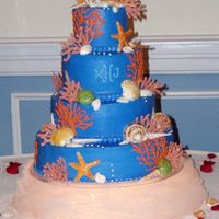 Seashell And Coral Cake Fondant shells and white chocolate coral adorn a sea blue mongramed wedding cake.