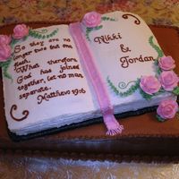 Bible & Roses Bottom cake is 12X18 French vanilla with chocolate buttercream icing. Bible cake made using Wilton's small book pan, also French...