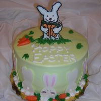 Easter Bunny Cake Iced in BC, white "chocolate flow" bunnies, chocolate clay carrots