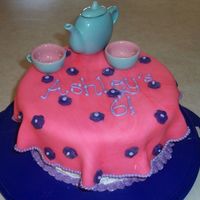 Tea Party Cake frosted w/ buttercream and fondant tablecloth. The tea party set is my daughters.