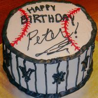 Ny Yankees Birthday Birthday cake for a NY Yankees fan. Pinstriping to look like the uniforms. Name to look like an autograph on a baseball. All buttercream.