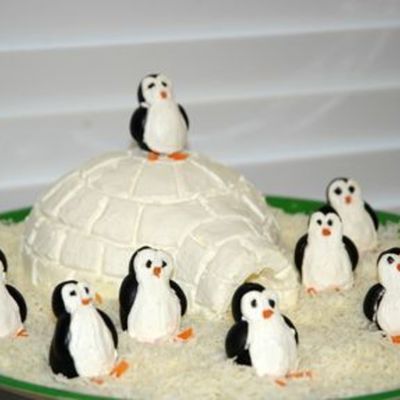 Cheese Dip Igloo With Olive Penguins