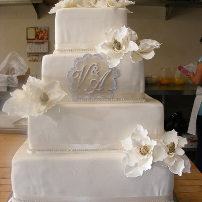 Square Wedding Cake With Gum Paste Magnolias
