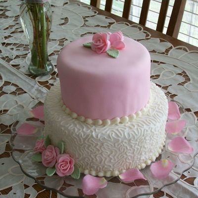Pink & White Tiered Anniversary Cake W/cornelli Lace & Fondant Roses
