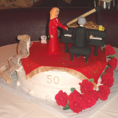 50Th Anniversary Cake With Figurines, Grand Piano, Sheet Music, Rose Cascade, Bichon Dogs
