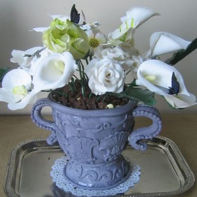 Flower Pot ,urn :orchids,roses,dogwood,lillies,green Leaves,edible Butterflies