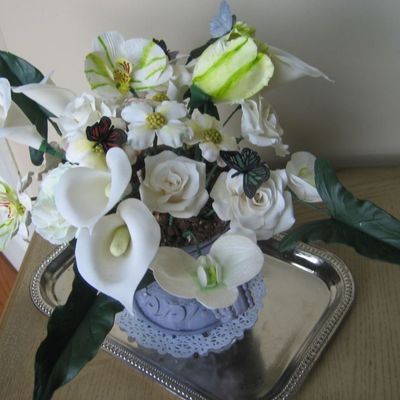 Flower Pot ,urn :orchids,roses,dogwood,lillies,green Leaves,edible