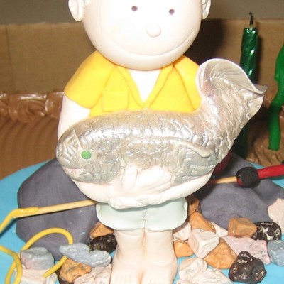 Fishing / Fisherman Figurine With Fish And Fishing Line