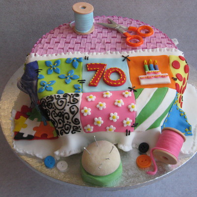 70Th Birthday Cake - Sewing Basket With Patchwork Quilt
