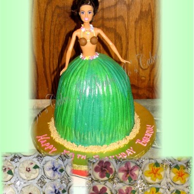 Hula Grass Skirt Doll Cake With Hibiscus Cupcakes