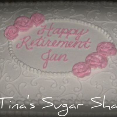 Scrolls W/ Pink Roses Retirement Cake