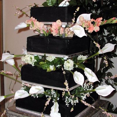 Square, Black Wedding Cake With Silk Flowers