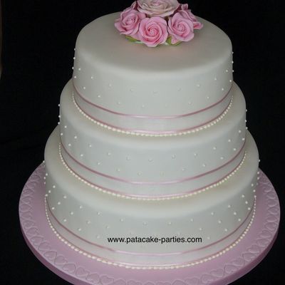 Wedding Cake With Dots, Ribbon And Roses
