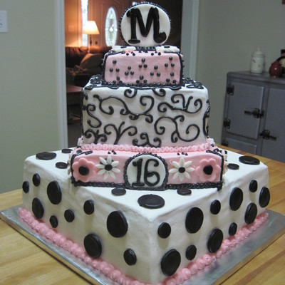 Black, White, Pink Sweet 16 Cake