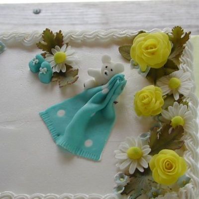 Fondant Teddy Bear, Blanket, Booties And Yellow Roses
