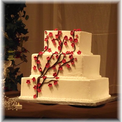 Square Cake With Red Cherry Blossom