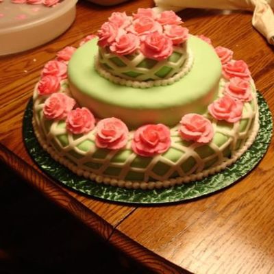 Green Cake W/ White Fondant Trellis And Pink Roses