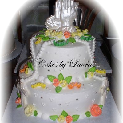 Baptism Cake With Chocolate Praying Hands / Rosaries In Chocolate