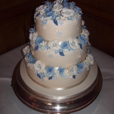 Ivory And Blue Floral Wedding Cake