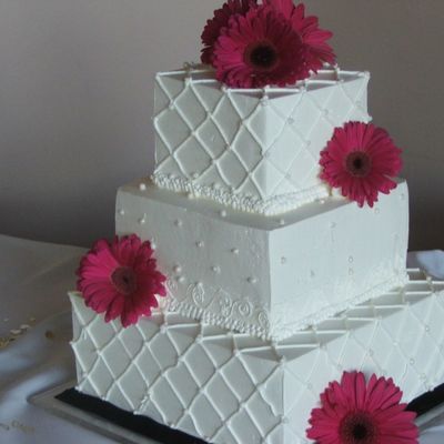 3 Tier Square Cake W/ Black Ribbon And Hot Pink Gerberas