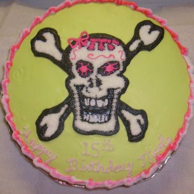 Skull And Bones With Cherry Chip Cake And B/c Icing With Neon Green And Pink