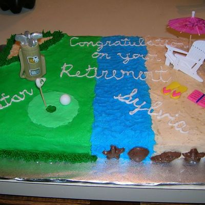 Retirement Cake With Golf And Beach Scenes