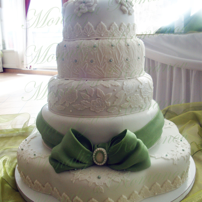 White Cake With A Moss Green Bow