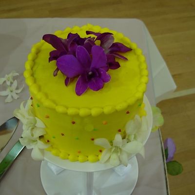 Yellow Wedding Cake With Fresh Orchids - Mr & Mrs Poole