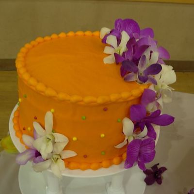 Orange Wedding Cake With Orchids - Mr & Mrs Poole