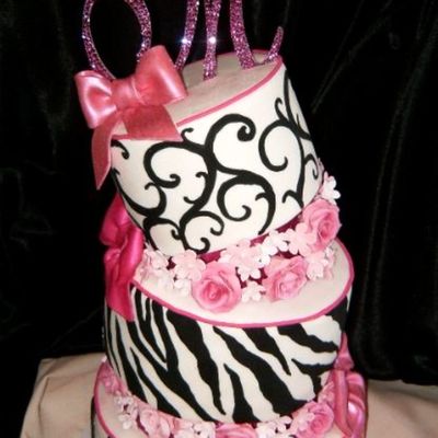 Black, Pink, And White Quinceanera Tilted Cake