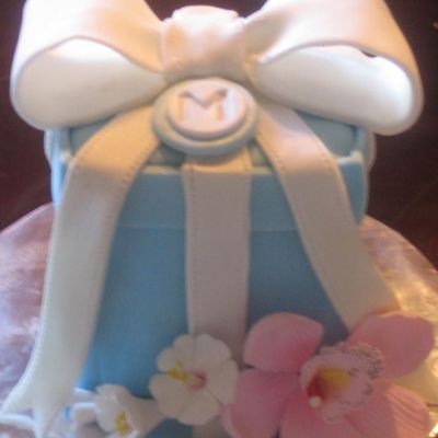 Blue Present Cake With Gumpaste Orchid And Flower Blooms