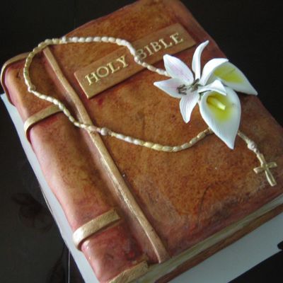 Bible Book Cake With Rosary And Sugar Flowers