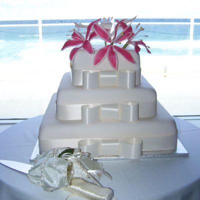 3 Tier Square Pink Lily Wedding Cake