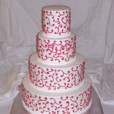Wedding Cake With Guava Color Scrolls & Pearls