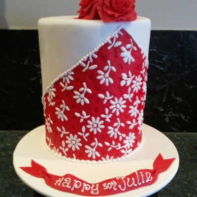 Tall Red White 50Th Birthday Cake