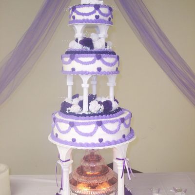 Purple Hearts & Swags Wedding Cake W/ Fountain