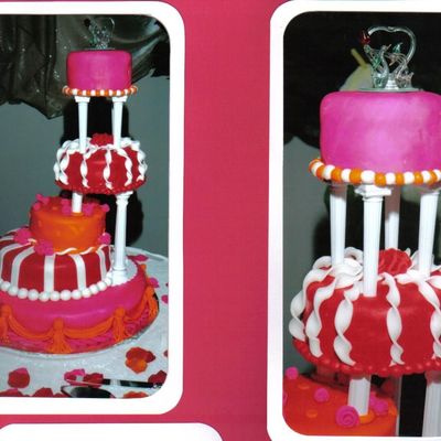 Red, Pink, Orange & White Fondant Wedding Cake