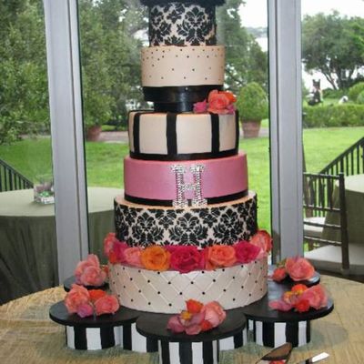 Pink Black And White Damask Wedding Cake