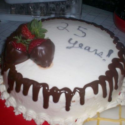 25Th Anniversary Cake: French Vanilla, Chocolate Drizzle And Chocolate Covered Strawberries