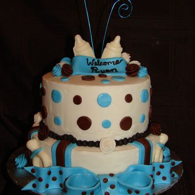 Blue, Brown And Polka Dot Boy Baby Shower Cake